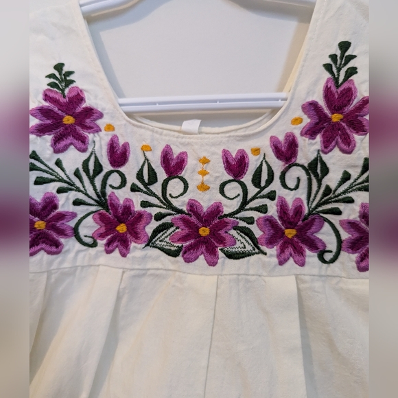 Embroidered flower dress cotton linen Mexico purple flowers tie waist 3T - Picture 5 of 6